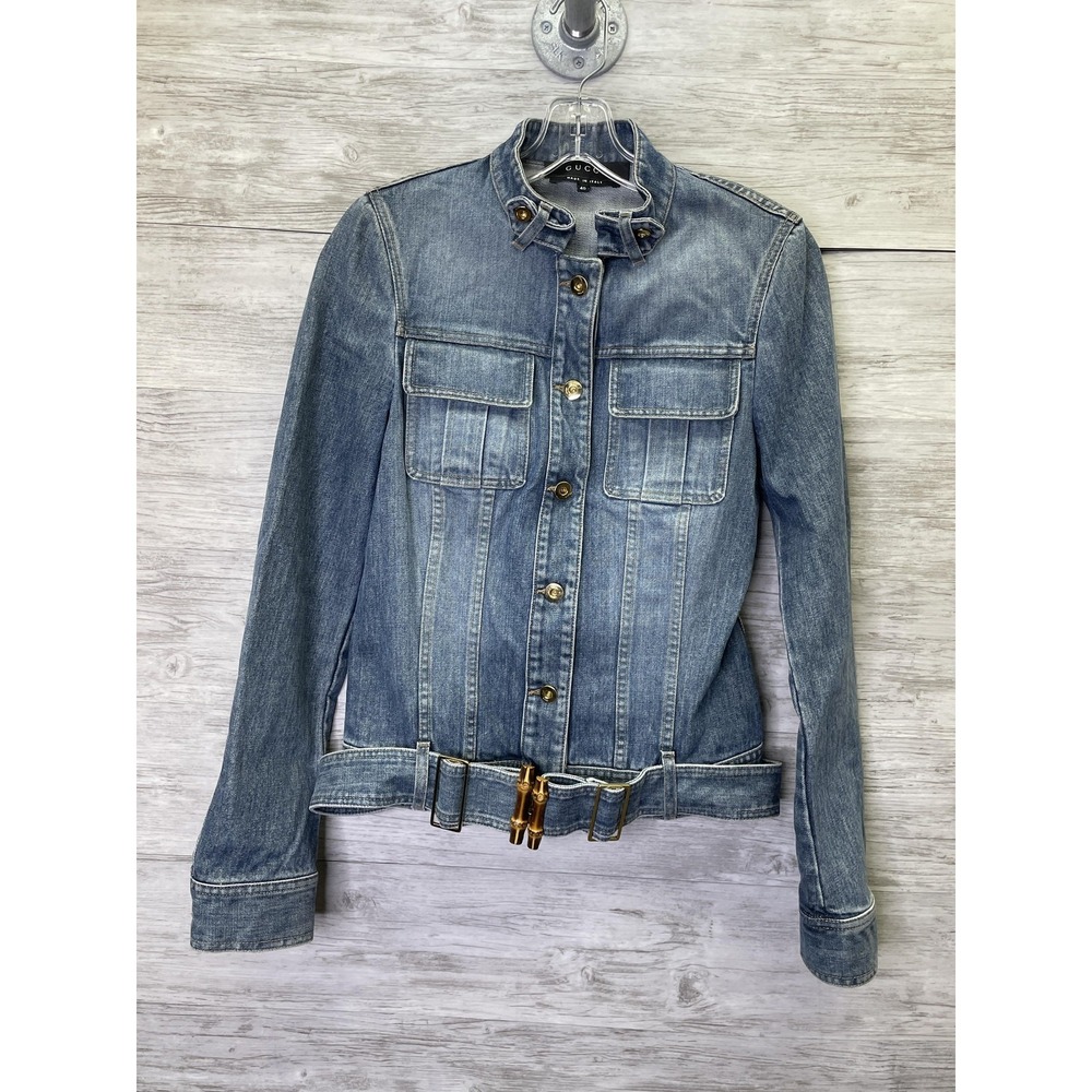 Gucci Jacket Womens‎ 40 Blue Denim Belted Collared Bamboo Buckle Italy US Size S